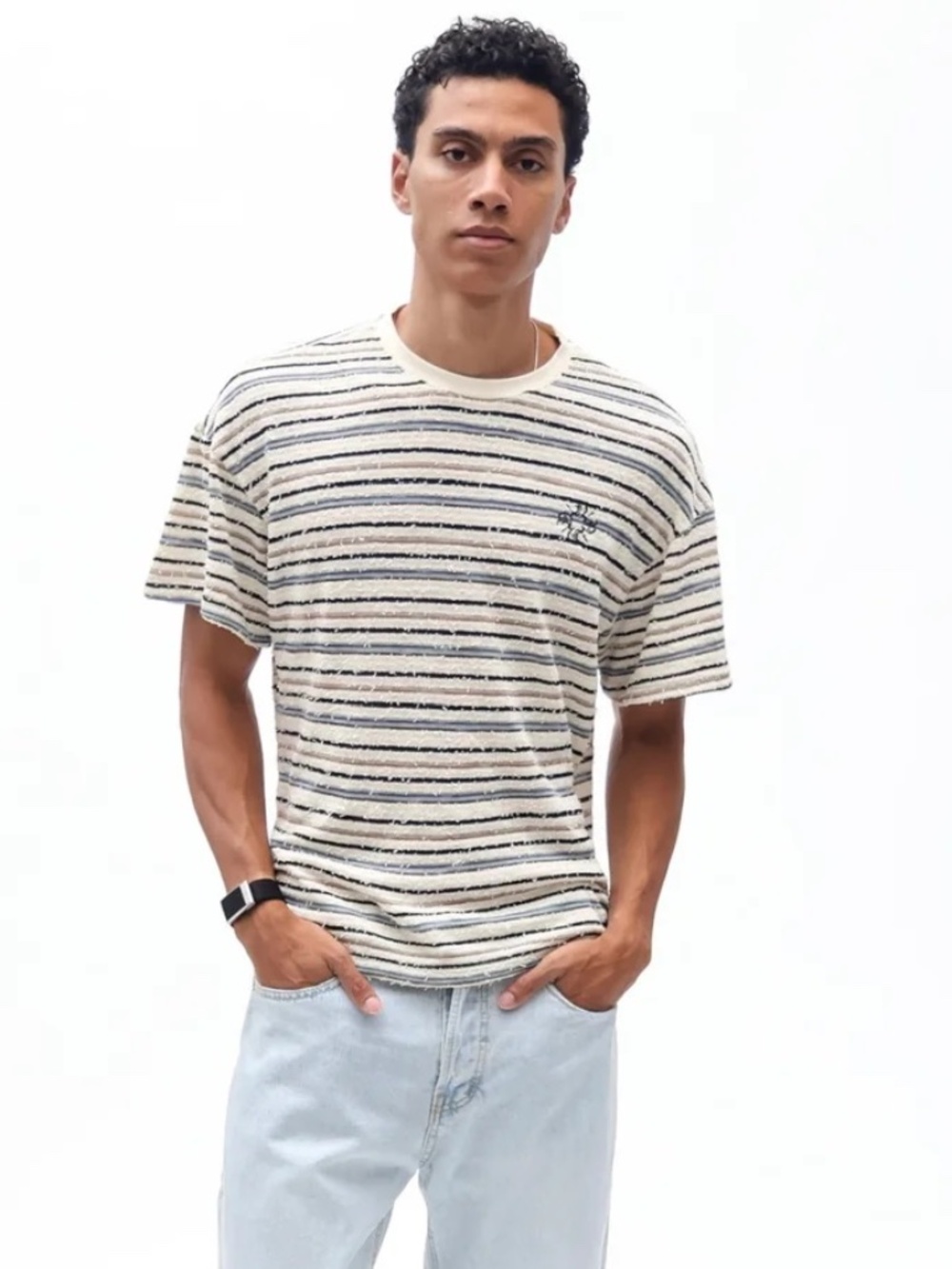 Nokwal Streetwear Vintage Horizon Loose Thread Stripe Tee T-Shirt L